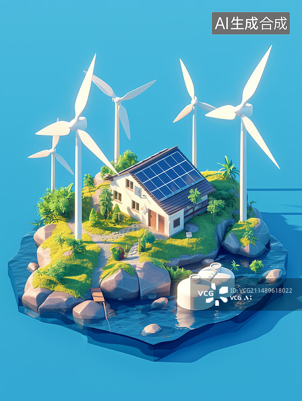 【AI数字艺术】太阳能板风力发电机3D模型插画图片素材