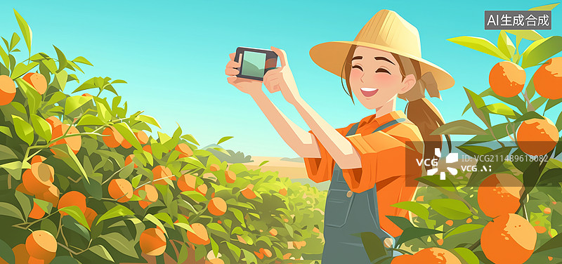 【AI数字艺术】新农人正在农田果树里开直播带货图片素材