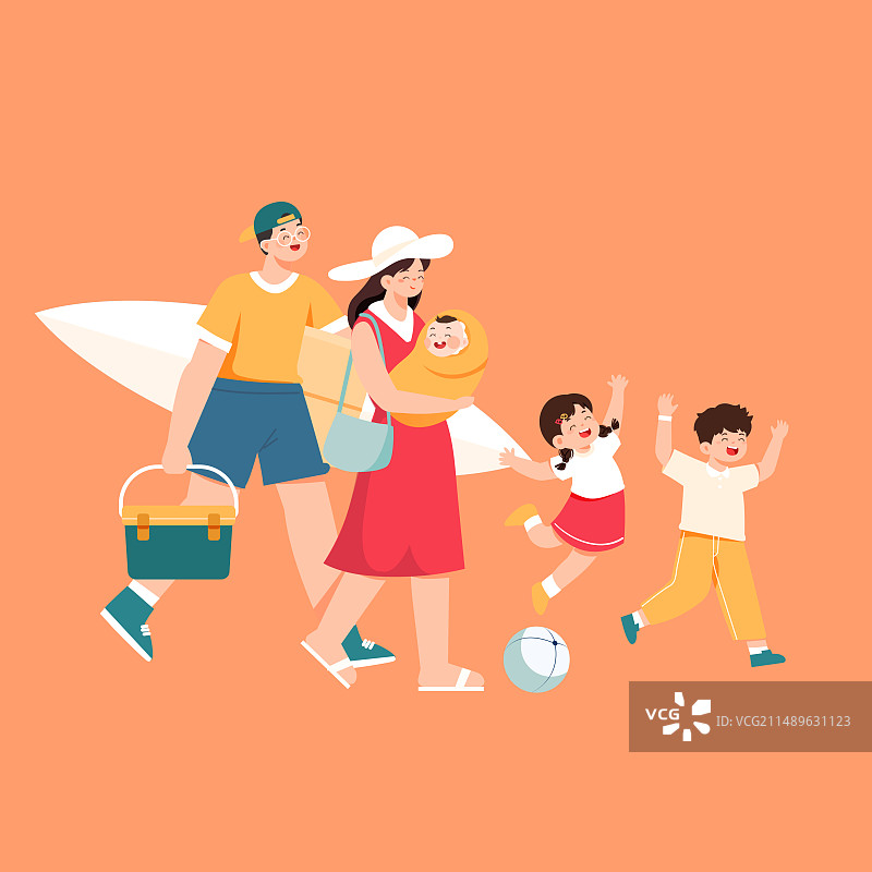 卡通夏季夏天家人亲子儿童海边度假放假休假娱乐休闲暑期暑假户外风光风景地球日环保生态商务渐变矢量插画图片素材