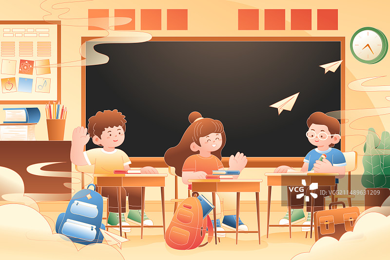 卡通夏季儿童教育学生亲子中小学生课堂学习知识小升初网课在线教育小学儿童节课本刷题读书日渐变矢量插画图片素材