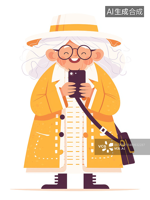 【AI数字艺术】拿着智能手机的老奶奶卡通插画图片素材