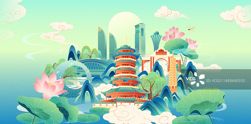 国风厦门城市地标建筑夏季节气彩色矢量插画海报图片素材
