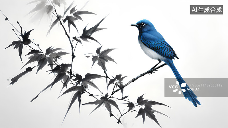 【AI数字艺术】竹叶，鸟，中国画，国画风格，壁纸，古风，水墨画图片素材