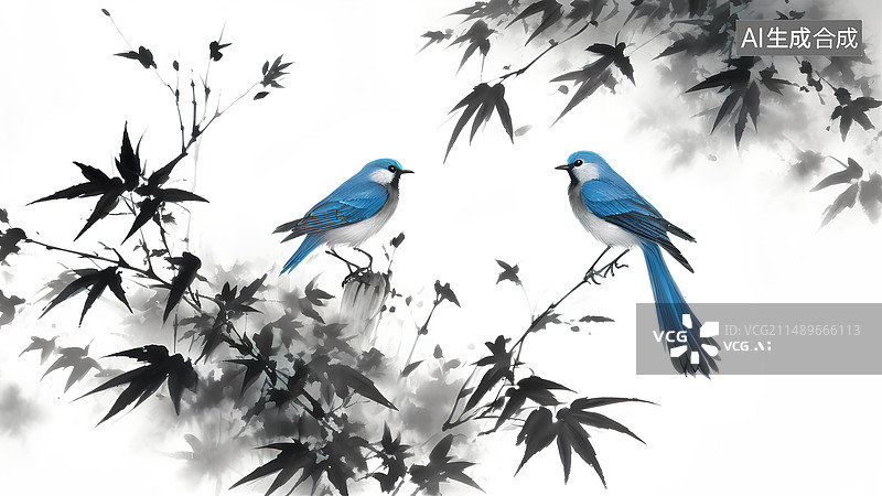 【AI数字艺术】竹叶，鸟，中国画，国画风格，壁纸，古风，水墨画图片素材
