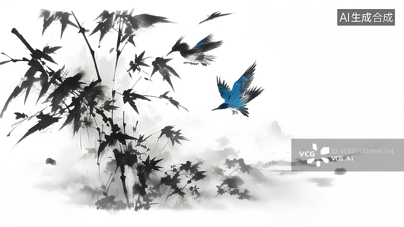 【AI数字艺术】竹叶，鸟，中国画，国画风格，壁纸，古风，水墨画图片素材