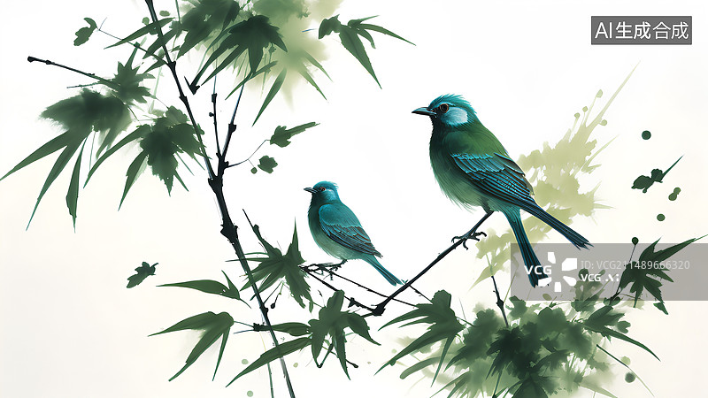 【AI数字艺术】竹叶，鸟，中国画，水墨画，插画，中国风，国画图片素材