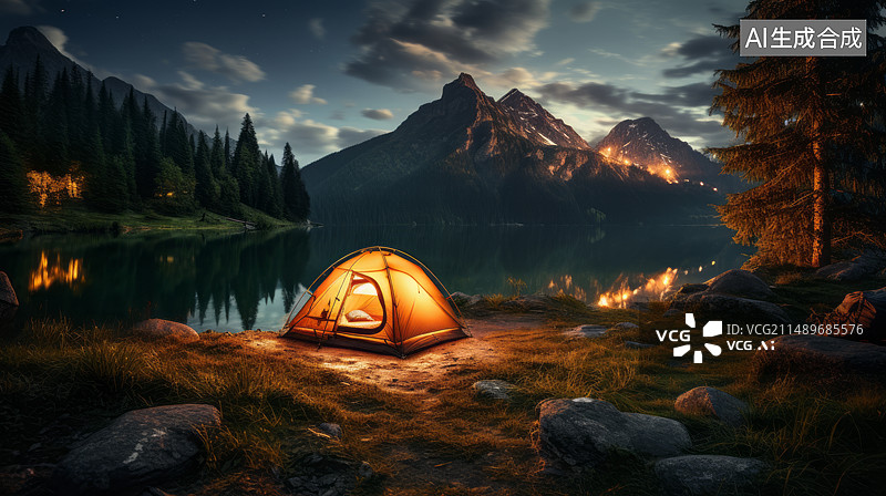 【AI数字艺术】星空下湖边的露营图片素材