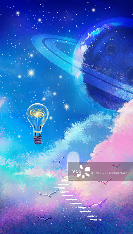 星空中飞翔的灯泡热气球插画壁纸图片素材