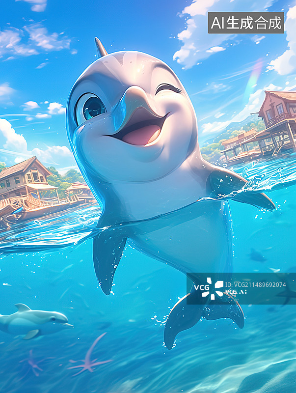 【AI数字艺术】3D卡通的可爱的海豚图片素材