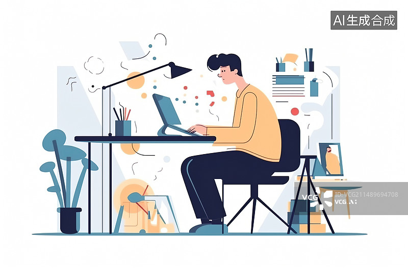 【AI数字艺术】AI生成的插画工作中的商务人士图片素材