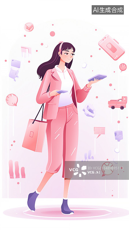 【AI数字艺术】AI生成的插图青年女人购物图片素材