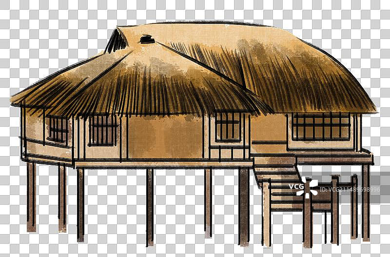 水墨风中国风新中式古风古典传统文化历史古人古装古代古时候茅草屋房子卡通元素人物插画图片素材