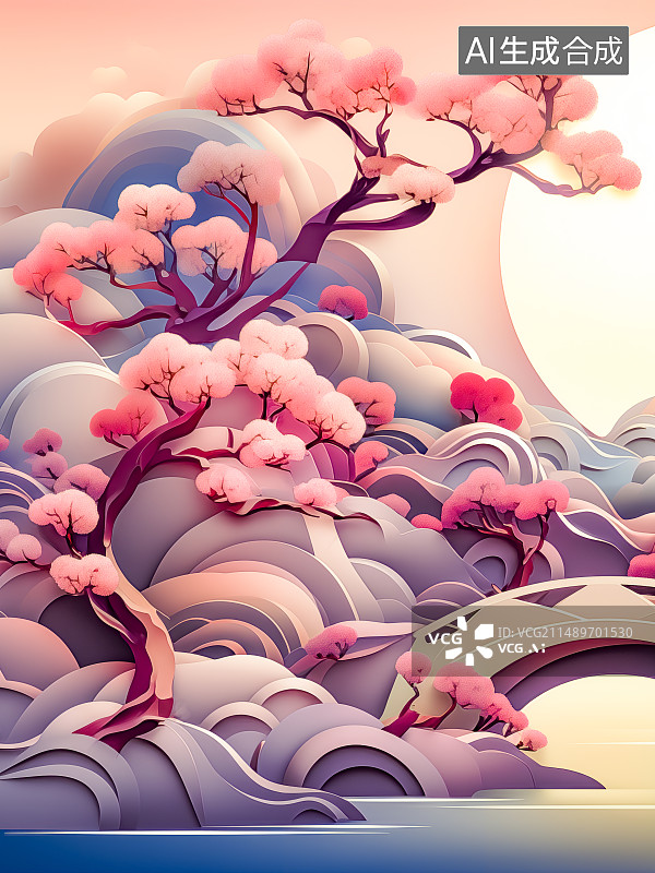 【AI数字艺术】中秋节七夕节古风剪纸场景，明亮的月亮，粉色的花树，古建筑和桥，山石和河流图片素材