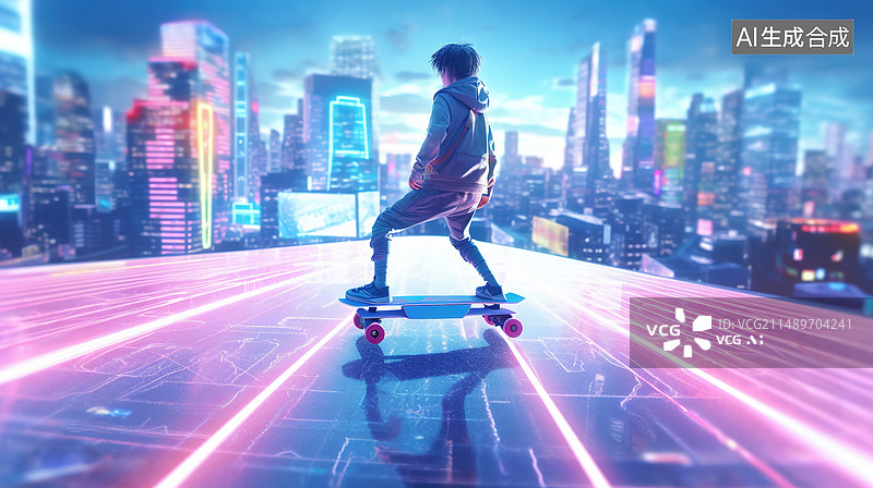 【AI数字艺术】AI生成的插图街道上的滑板运动图片素材
