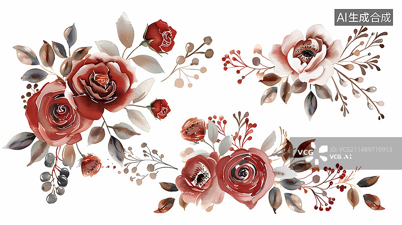 【AI数字艺术】复古水彩装饰婚礼卡鲜花插画海报背景图片素材