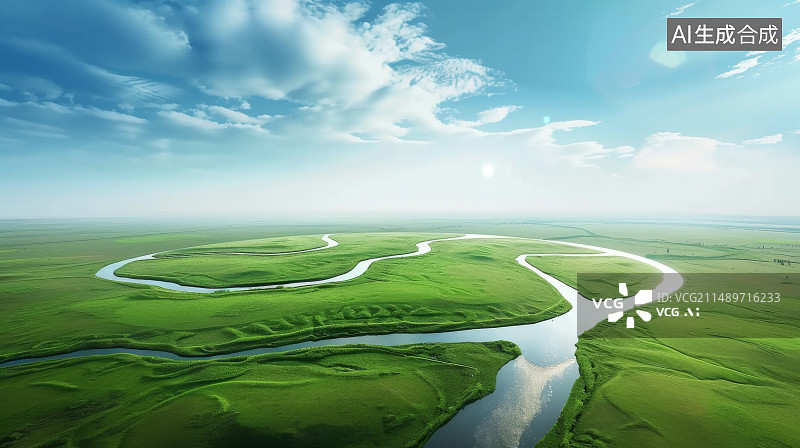 【AI数字艺术】航拍视角下草原上的河流图片素材
