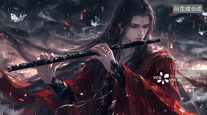 【AI数字艺术】古风人物吹笛红衣少年CG插画图片素材