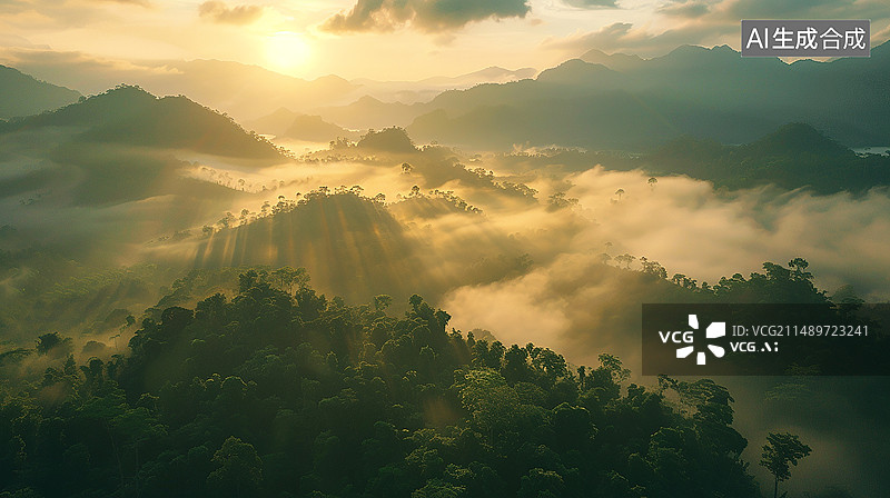 【AI数字艺术】AI摄影广角镜头鸟瞰角度黄金时间丛林山峦绿树之间雾气弥漫图片素材