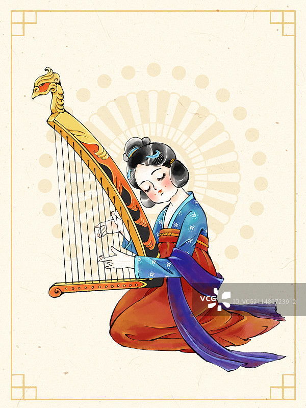 手绘古风人物插画素材，穿唐朝汉服的女孩演奏古代传统乐器，拨弦乐器箜篌。图片素材