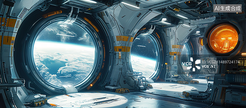 【AI数字艺术】太空中飞船的舷窗外是太空图片素材