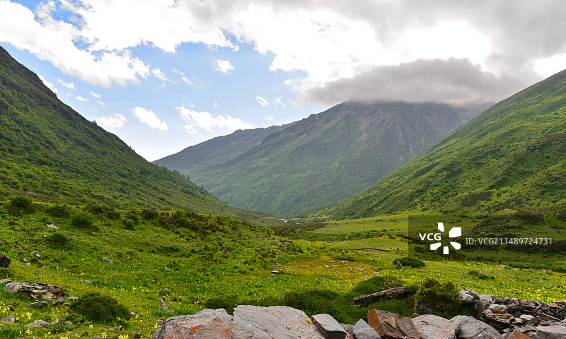 鲜花盛开的山谷里，岩石垒砌的放牛棚子，成都周边著名旅游风景区，四姑娘山海子沟图片素材