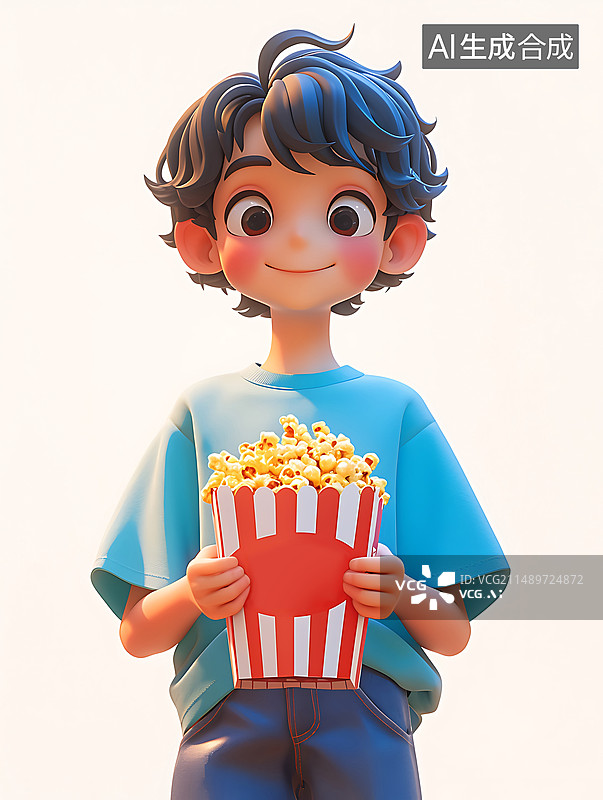 【AI数字艺术】3D渲染抱着爆米花看电影的男孩图片素材