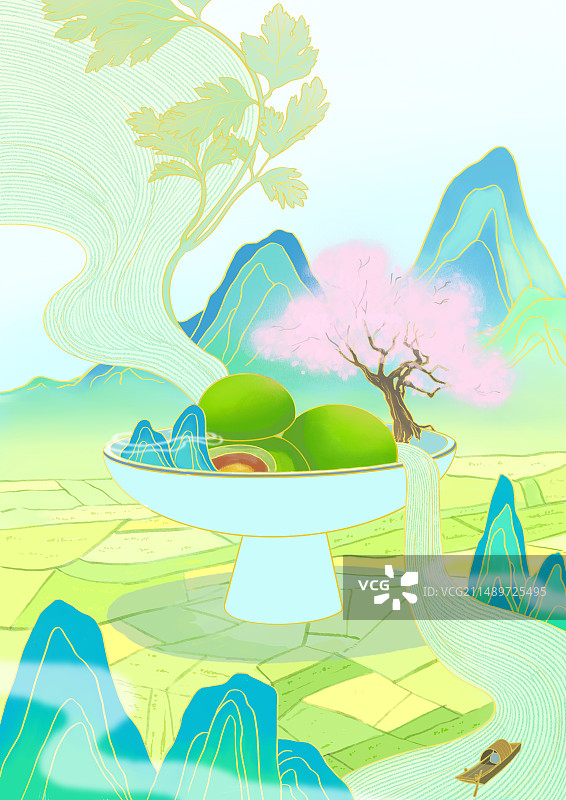 春天自然青山绿水青团中国风节气插画图片素材