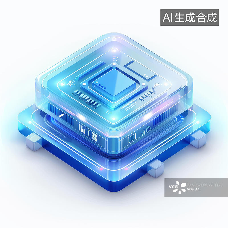 【AI数字艺术】晶莹剔透的蓝色渲染计算机处理器插图图片素材