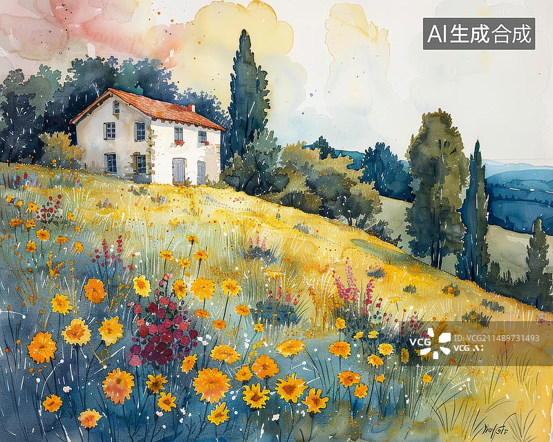 【AI数字艺术】水彩画中的房屋图片素材