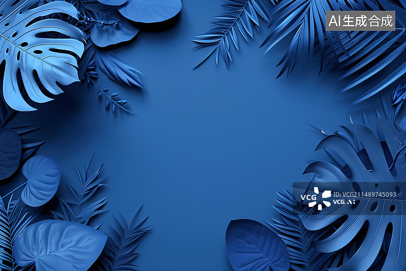 【AI数字艺术】蓝色背景下树叶的高角度视图图片素材