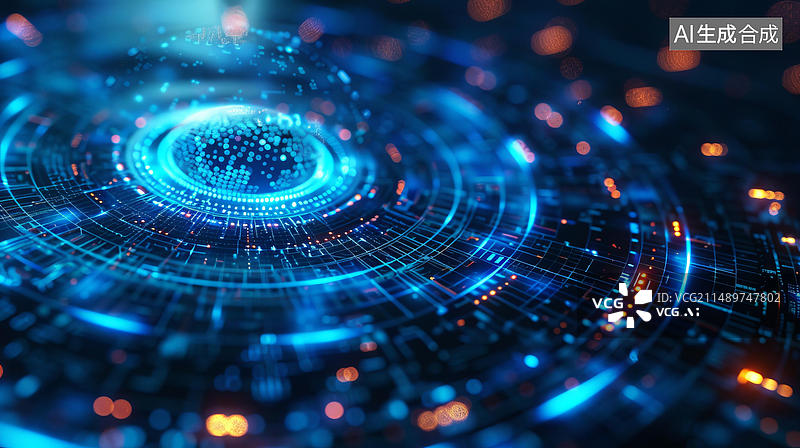 【AI数字艺术】蓝色和橙色发光的未来派电路板图片素材