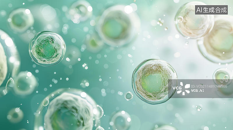 【AI数字艺术】漂浮在浅蓝色背景中的绿色和蓝色细胞的插图图片素材