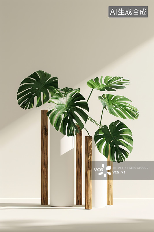 【AI数字艺术】靠墙桌上的盆栽植物特写镜头图片素材