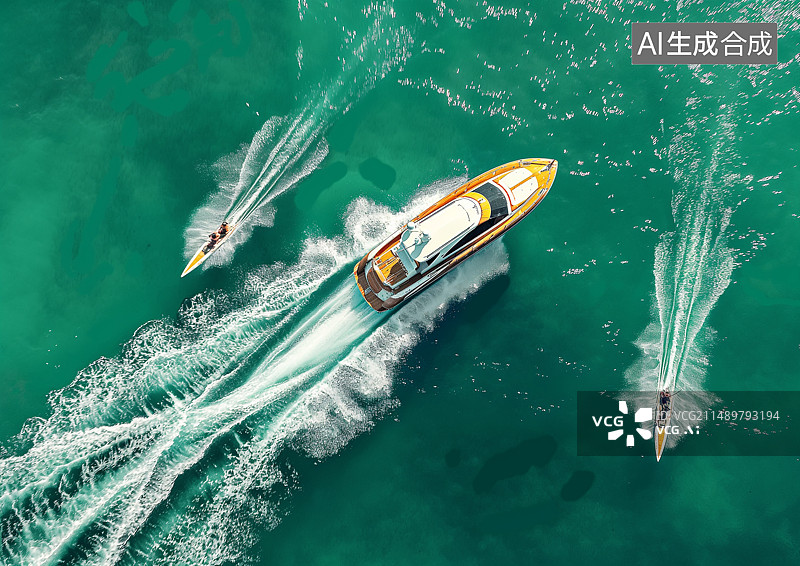【AI数字艺术】航拍角度翠绿的海面上的快艇游艇图片素材