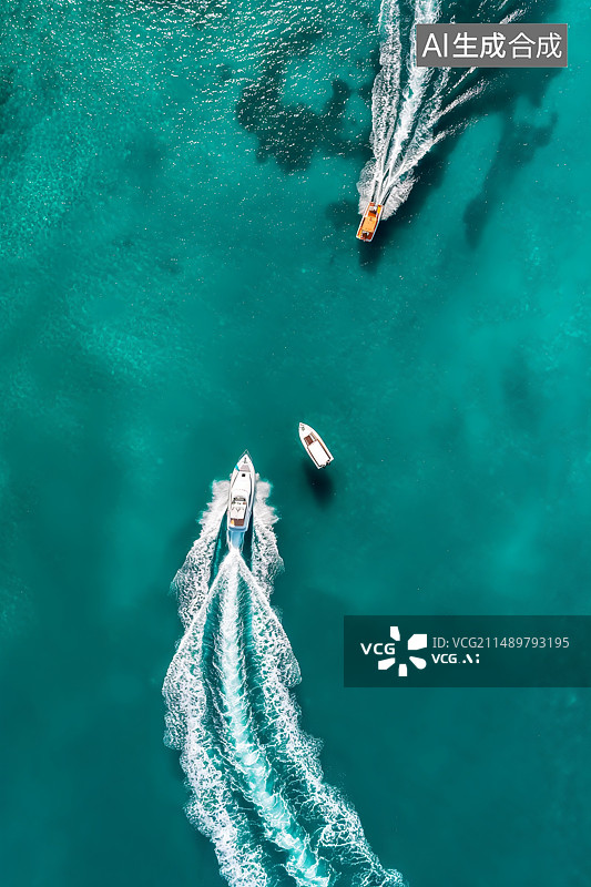 【AI数字艺术】航拍角度翠绿的海面上的快艇游艇图片素材