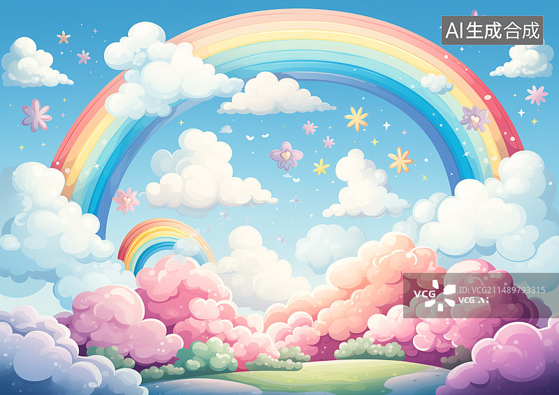 【AI数字艺术】漂亮唯美的卡通彩虹插画图片素材