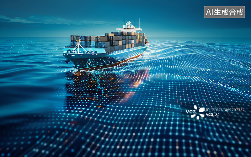 【AI数字艺术】蓝色海面上的巨大货轮数字科技背景图片素材