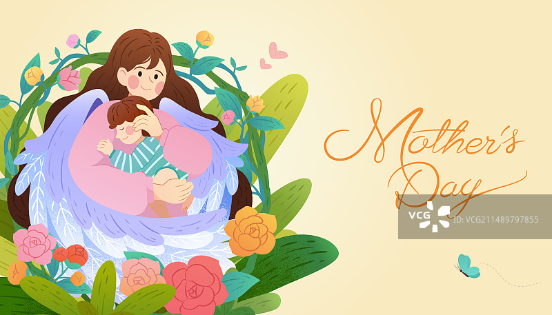 天使翅膀妈妈拥抱孩子 母亲节卡片图片素材