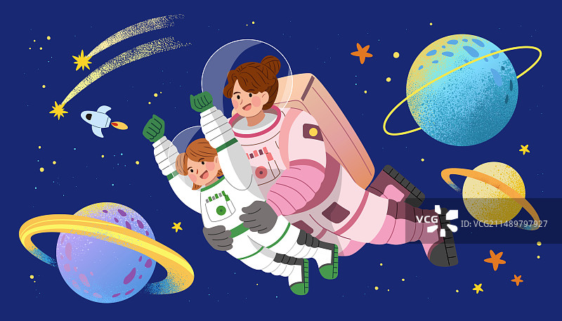 太空旅行的宇航员母女与宇宙行星素材集合图片素材