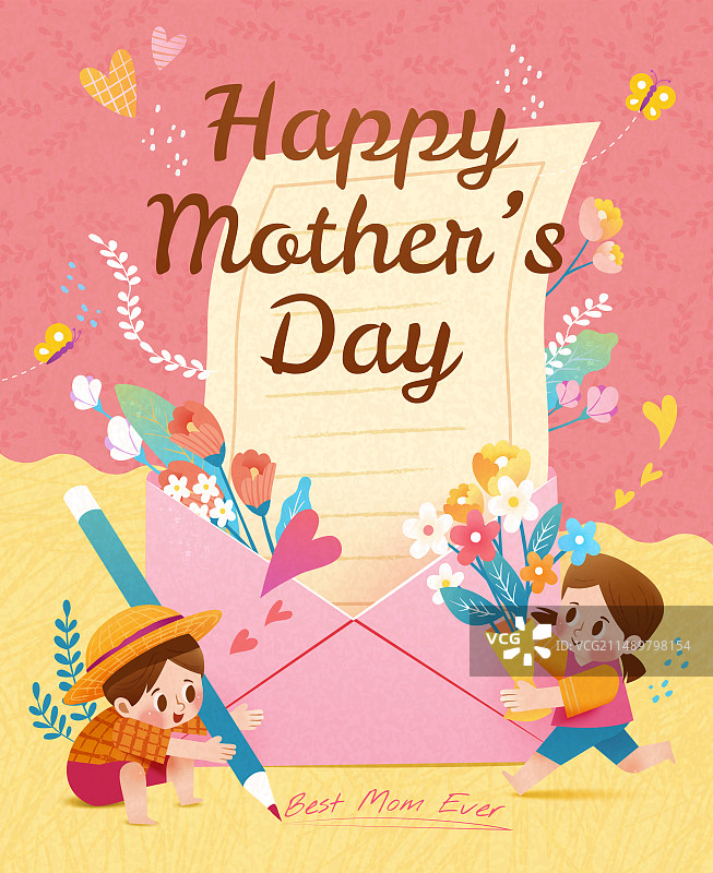 浪漫母亲节海报 忙碌小孩准备鲜花点缀书信图片素材