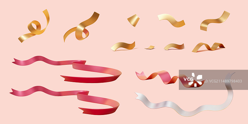 三维红色白色与金色彩屑与缎带素材集合图片素材