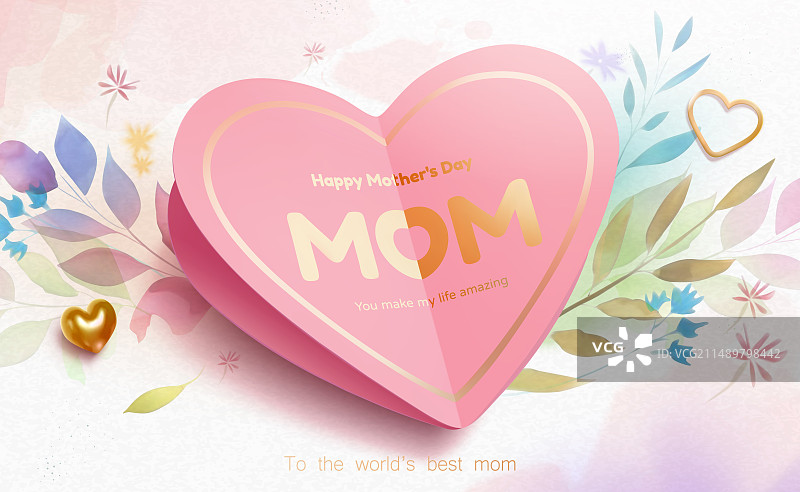 折叠粉红母亲节心形卡片与水彩植物装饰图片素材
