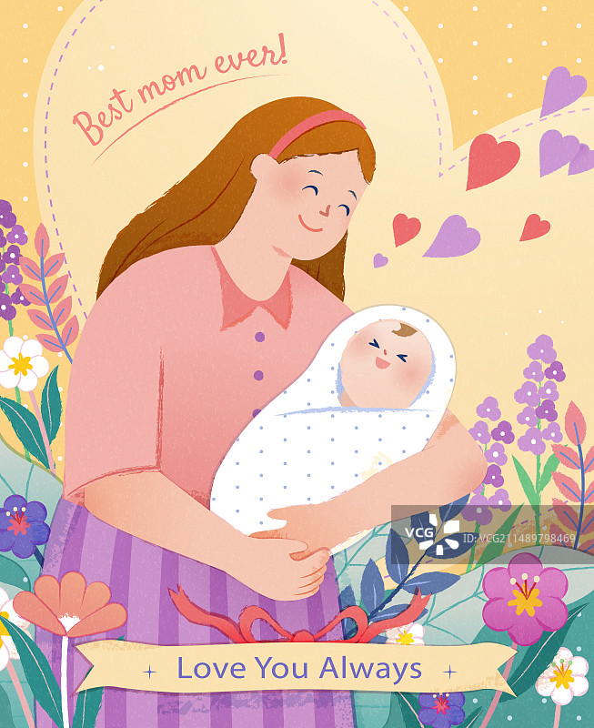 温馨母亲节海报 花园里抱着宝宝的母亲图片素材