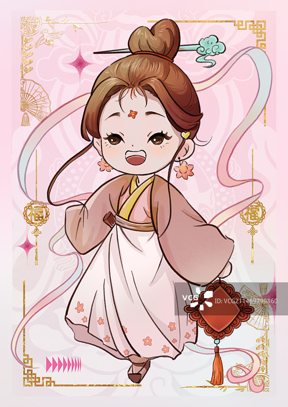 二次元粉色卡牌古风人物送桃花图片素材