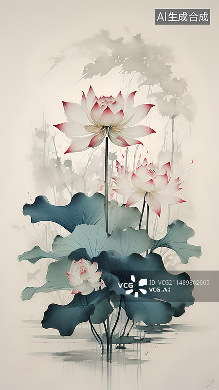 【AI数字艺术】荷花，荷叶，湖面，水墨画，山水画，插画图片素材