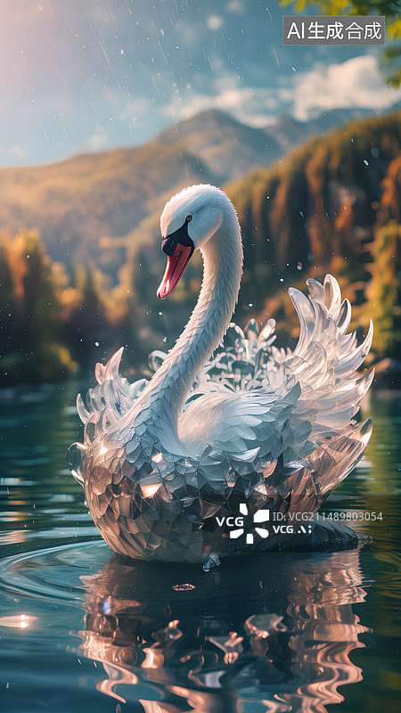 【AI数字艺术】白天鹅，艺术，湖水，山水，抽象，壁纸，背景，插画图片素材