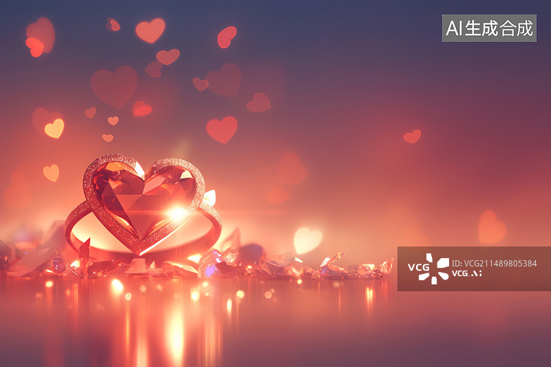 【AI数字艺术】一个砖石戒指放在红色心形背景前图片素材