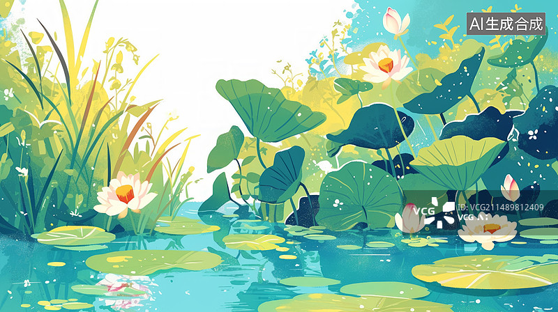 【AI数字艺术】夏季池塘湖边荷花荷叶金鱼插画图片素材