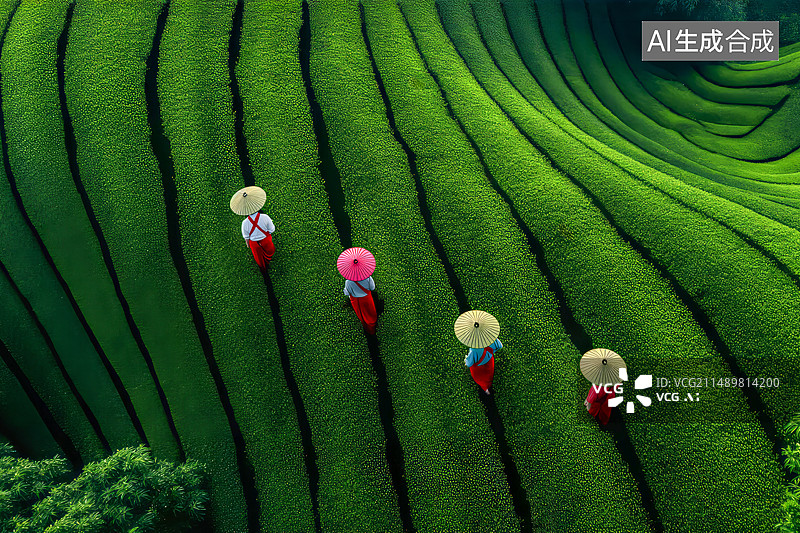 【AI数字艺术】茶园中采茶的人们图片素材