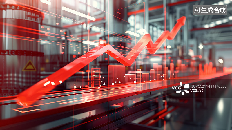 【AI数字艺术】现代化生产车间前显示着上升趋势的红色箭头图片素材